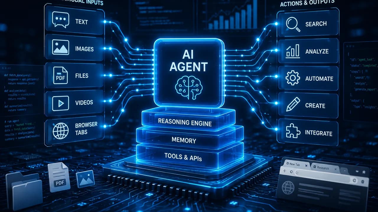 A futuristic AI agent system connecting text, images, files, browser tabs, tools, and automated actions