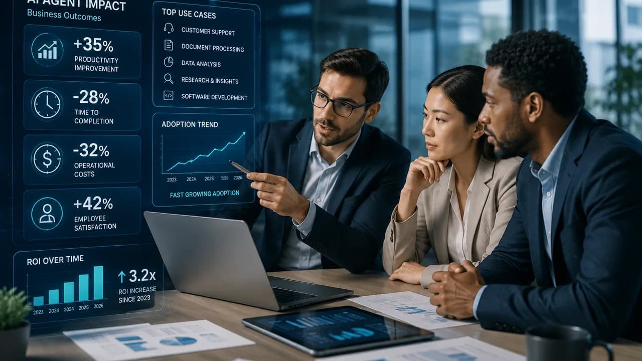 Business leaders reviewing AI agent adoption metrics and workflow impact in a modern office